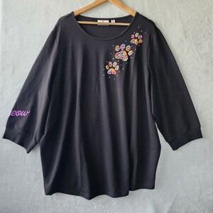 Quacker Factory Top Womens Size 3X Black Embroidered Cat Paw Print Meow Crystals